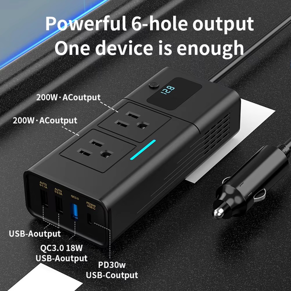 200W Car Plug Adapter 4 USB Ports 12V To 110V/ 220V Auto Power Inversor QC3.0 PD Car Power Inverter US Socket Charger Adapter