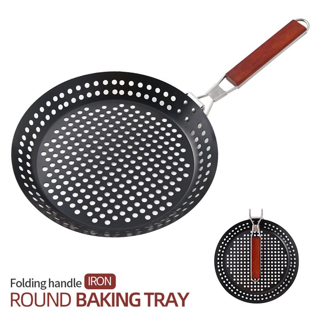 Folding Round Frying Pan Ultralight Grill Barbecue Tray With Folding Handle For Outdoor Cooking Camping Hiking Cooking Pots