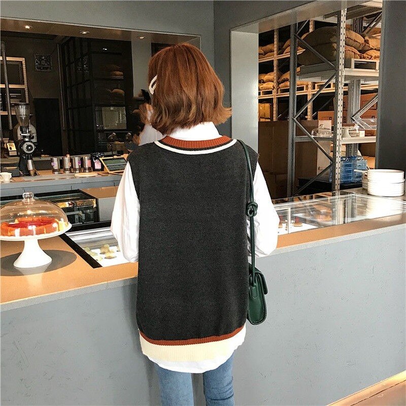 Sweter kamizelka kobiety dzianiny styl Preppy cały mecz ulica Harajuku elegancki zwykły swetry bez rękawów Femme luźne studenci stylowe