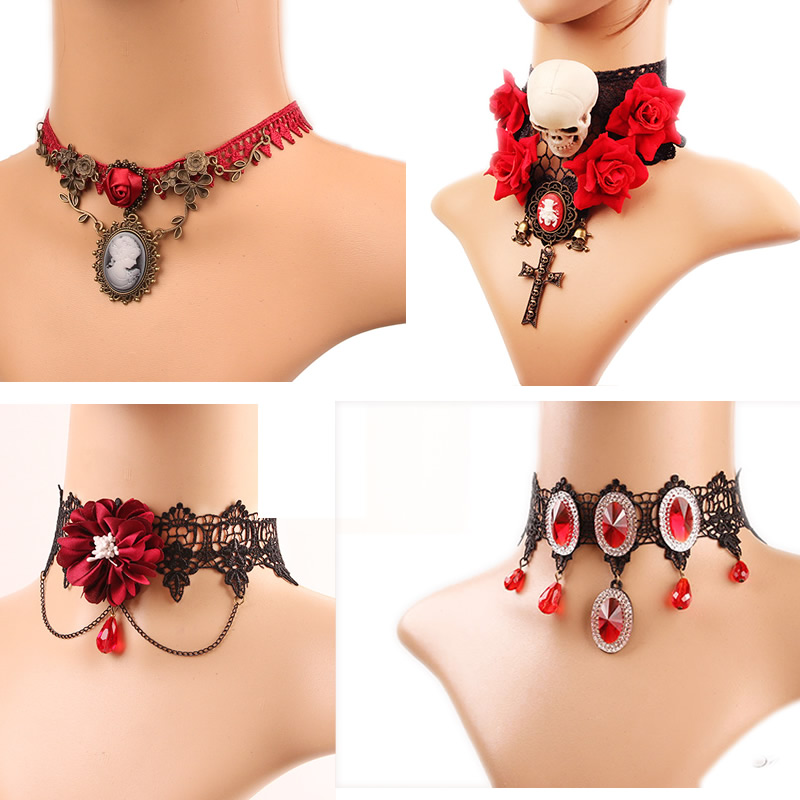 2025 Gothic Jewelry Red Bat Halloween Necklace Lace Choker Necklace for Women Nightmare Before Christmas Black Layered Necklace
