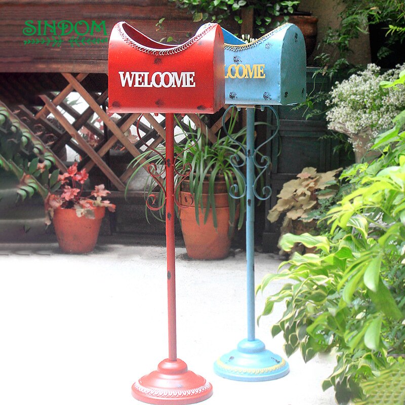 Buzón de hierro antiguo americano para jardín, maceta de flores de pie, para exteriores