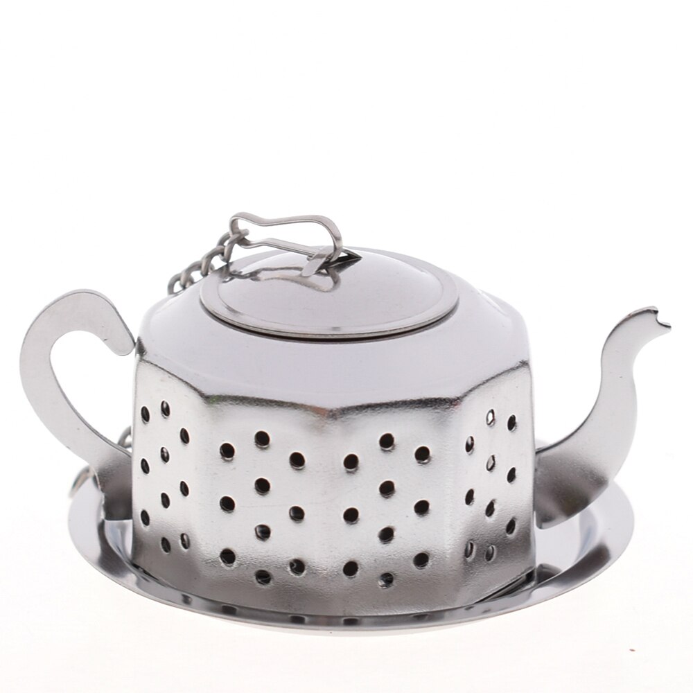 Stainless Steel Teapot Shape Tea Leaf Infuser With Tray Convenient Spice Drinking Strainer Herbal Filter