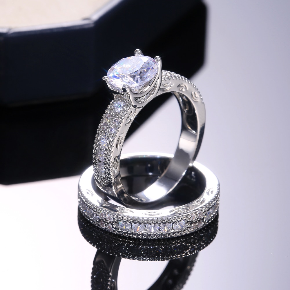 Hutan Ethnic Bridal Wedding Women Ring 2Pcs Silver Color Noble Lay Party Finger Rings CZ Stone Stylish Jewelry