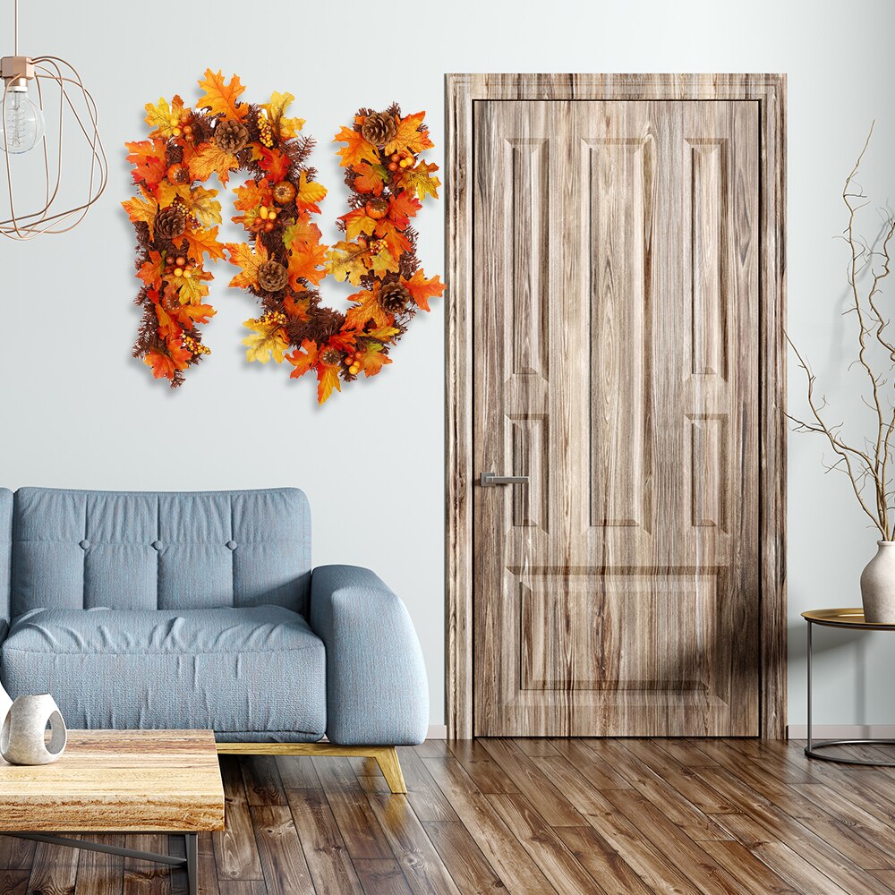 Herfst Pompoen Deur Decor Halloween Pvc Pine Cone Esdoornblad Rotan Thanksgiving Deur Venster Opknoping Decoratie Met Licht