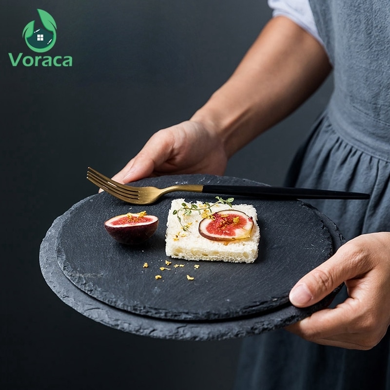 Naturalne łupki płytkie talerze na stek makaron Sushi kuchnia jedzenie w restauracji danie spodek okrągły deser ciasto naczynia Pizza taca na owoce