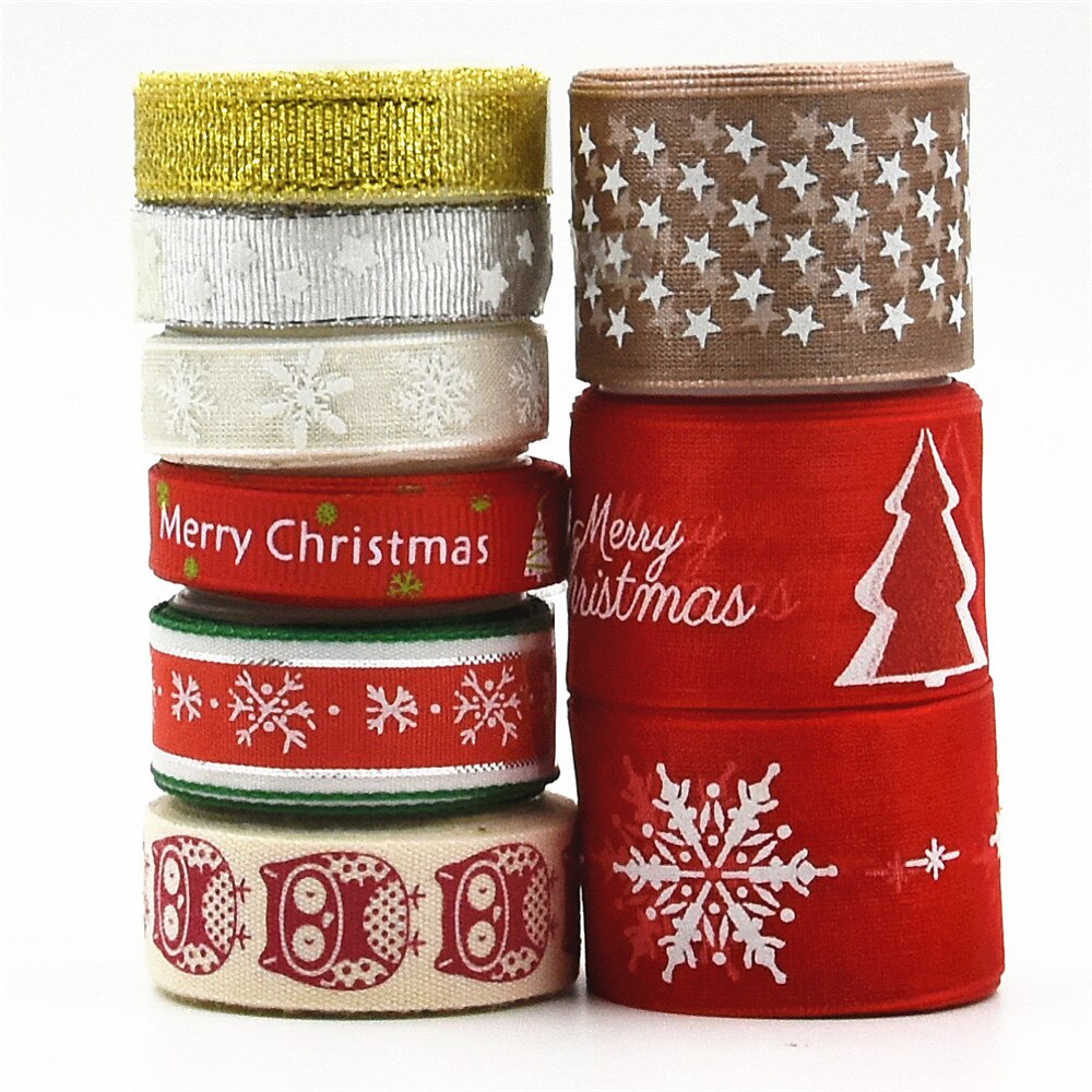 5m wire edge ribbon Merry Christmas Christmas Green Red Deco Ribbon Streamers Festival Decoration: 9Pcs Set