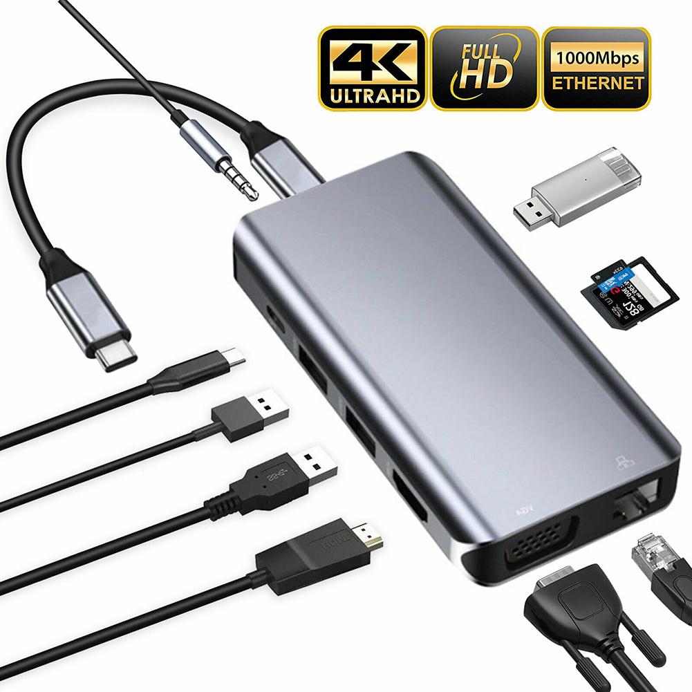 Adaptador multiportas usb c hub 10 em 1, estação de encaixe vga ethernet rj45 lan compatível com windows 10/8/7/vista/xp/mac os x 10.6