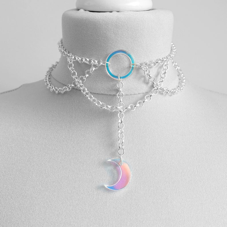 Iridescent Moon O Ring Choker Chain Iridescent Choker Necklace