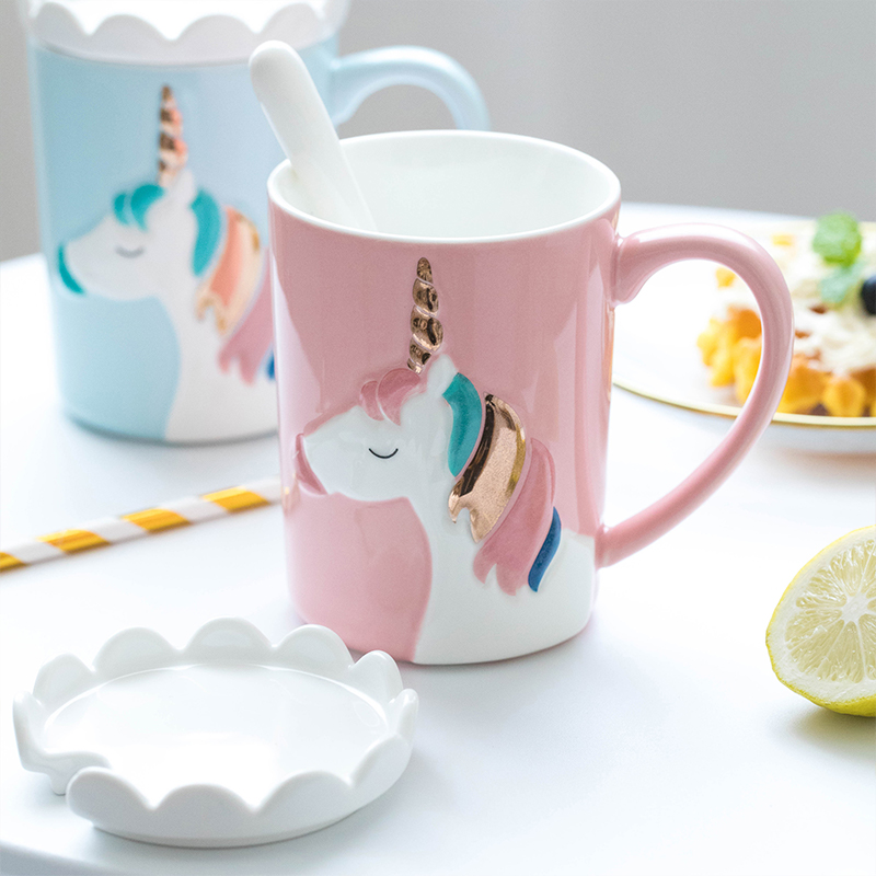 Kreative Bunte Einhorn Tassen Keramik Frühstück Milch Wasser Becher Küche Büro Drink Porzellan Kaffee Tassen Mit Deckel & Löffel