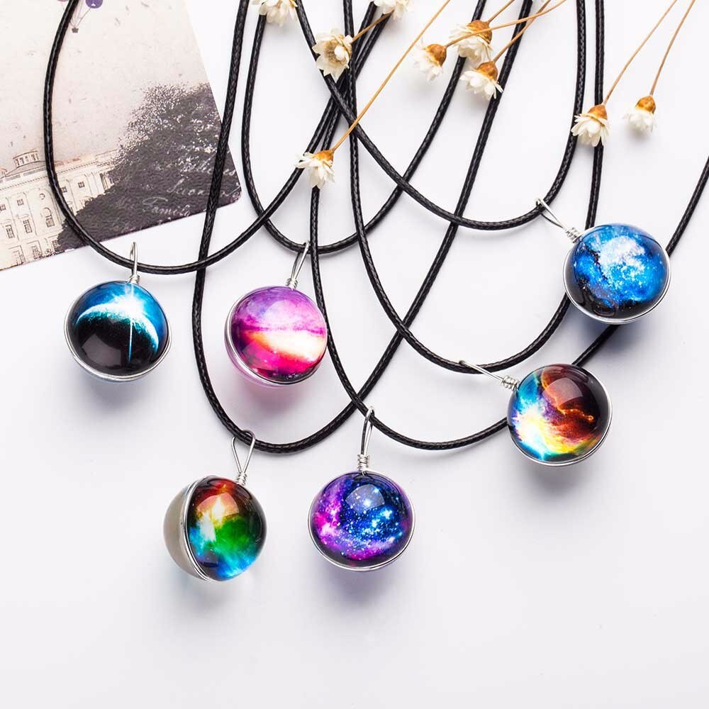 Nebula Ruimte Universe Galaxy Ketting Sterren Glas Bal Hanger Kristal Collares Planet Patroon Lederen Ketting Ketting Voor unisex