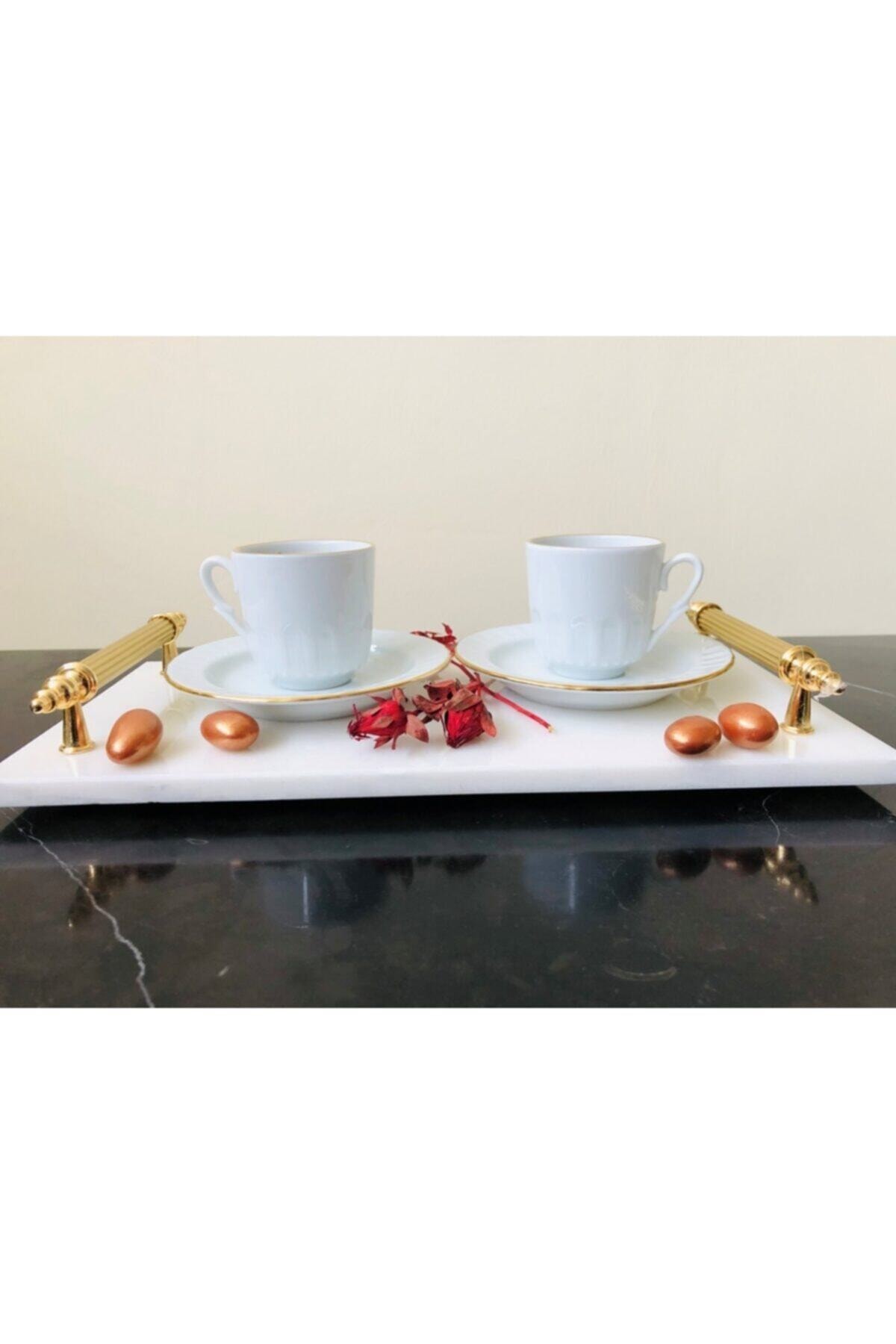 Natural Marble Serving Tray Yellow Handle Calacatta Marble Modern Made in Turkey