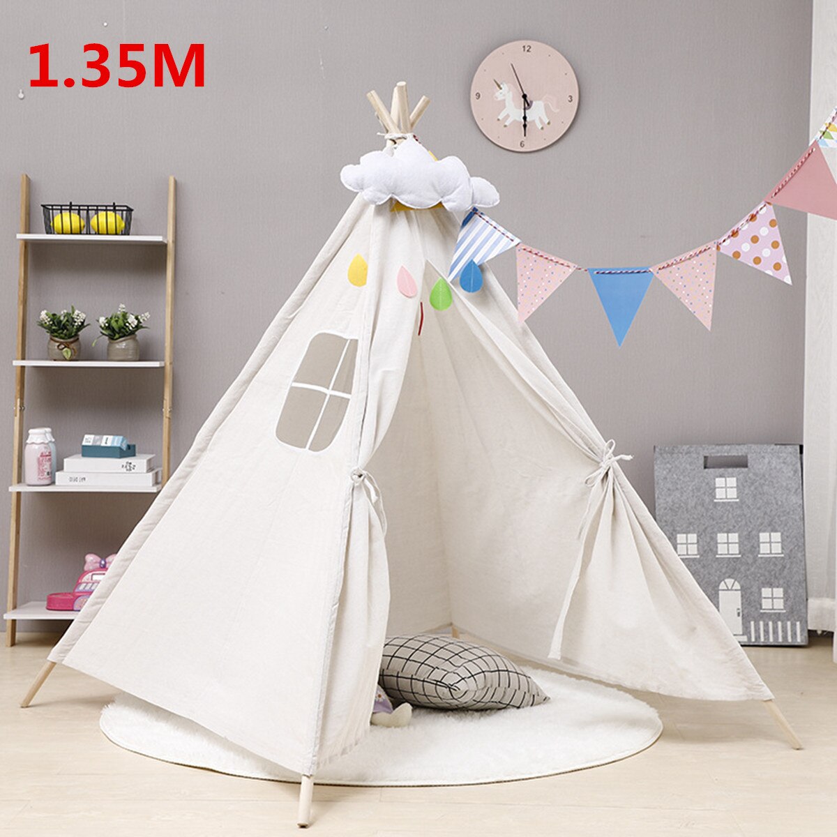 160/135cm Tipi trójkąt KidsTent Tipi płótno śpiąca kopuła bawić się-namiot Tipi dom wigwam pokój namiot dla dzieci gra-Dom: 1.35M biały