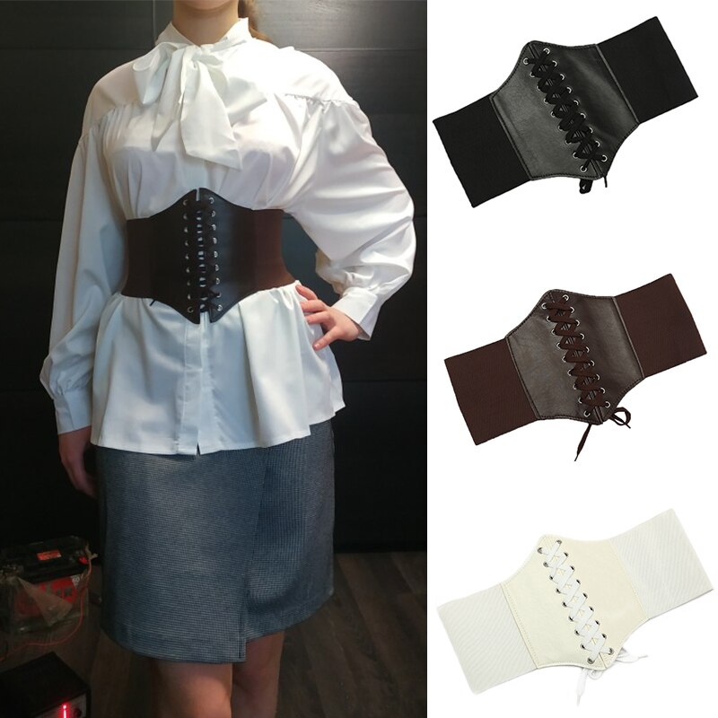 PU Leather High Waist Belt Super Wide Tied Waspie Belt for Dress Elastic Lace-up Cinch Women Corset Belt