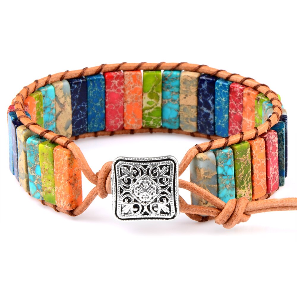 Chanfar – Bracelet en cuir de gemme naturel multicolore, Style tibétain gitane perlé réglable pour hommes et femmes: Multicolor 3