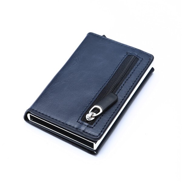 Cartera de cuero Pop Up funda de tarjeta imán de fibra de carbono monedero caja de aluminio Tarjeta de la cartera RFID hombres cartera titular de la tarjeta: Navy Blue