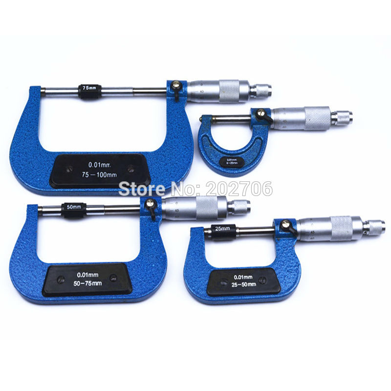 4Pcs/Set 0-100mm Outside Micrometers Measuring Tools Caliper Thickness Gauge 0-25mm 25-50mm, 50-75mm 75-100mm Micrometer Set