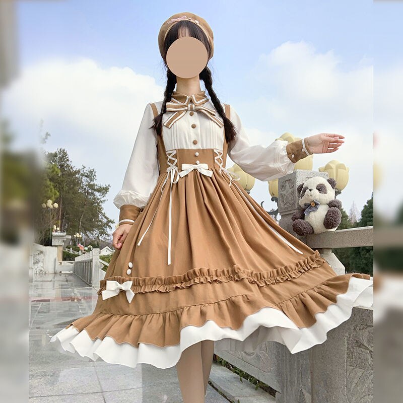 Vestido de de princesa, Harajuku japonés agradable arco, volantes, manga larga: L
