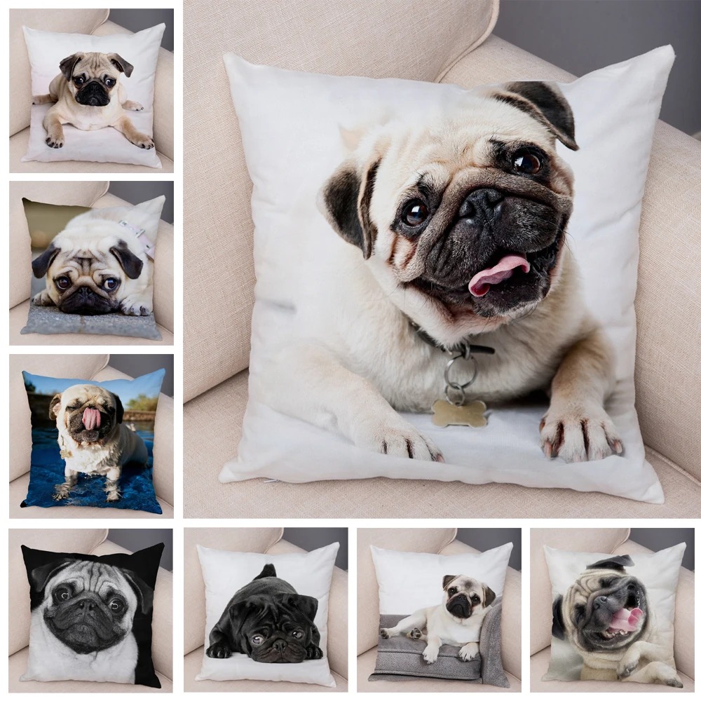 Cute Pug Dog Cushion Cover Both Sided Print Decor Pet Animal Pillowcase for Car Sofa Home Car Soft Plush Throw Pillow Case