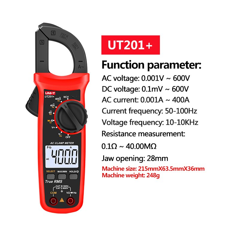 UNI T UNI-T Digital Clamp Meter AC DC Current Amperimetro Tester Clamp Multimeter Resistance Frequency UT201+ UT202+ UT203+: UT201 PLUS