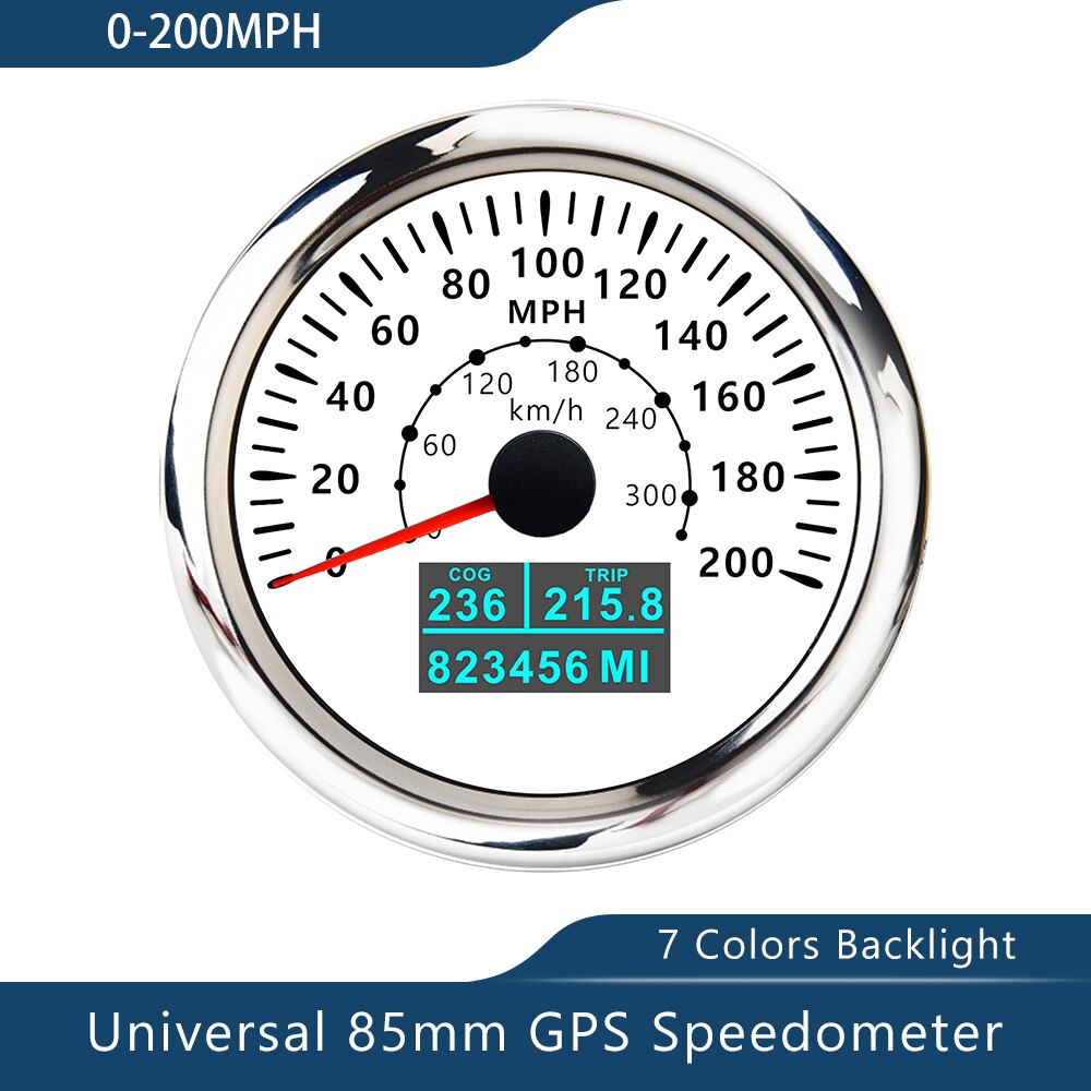 Novo velocímetro de 85mm gps 0-30/60 nós 0-60/80/120/160/200 mph 0-60/120/200km/h com luz de fundo de 7 cores para a motocicleta do barco do carro: 200MWS