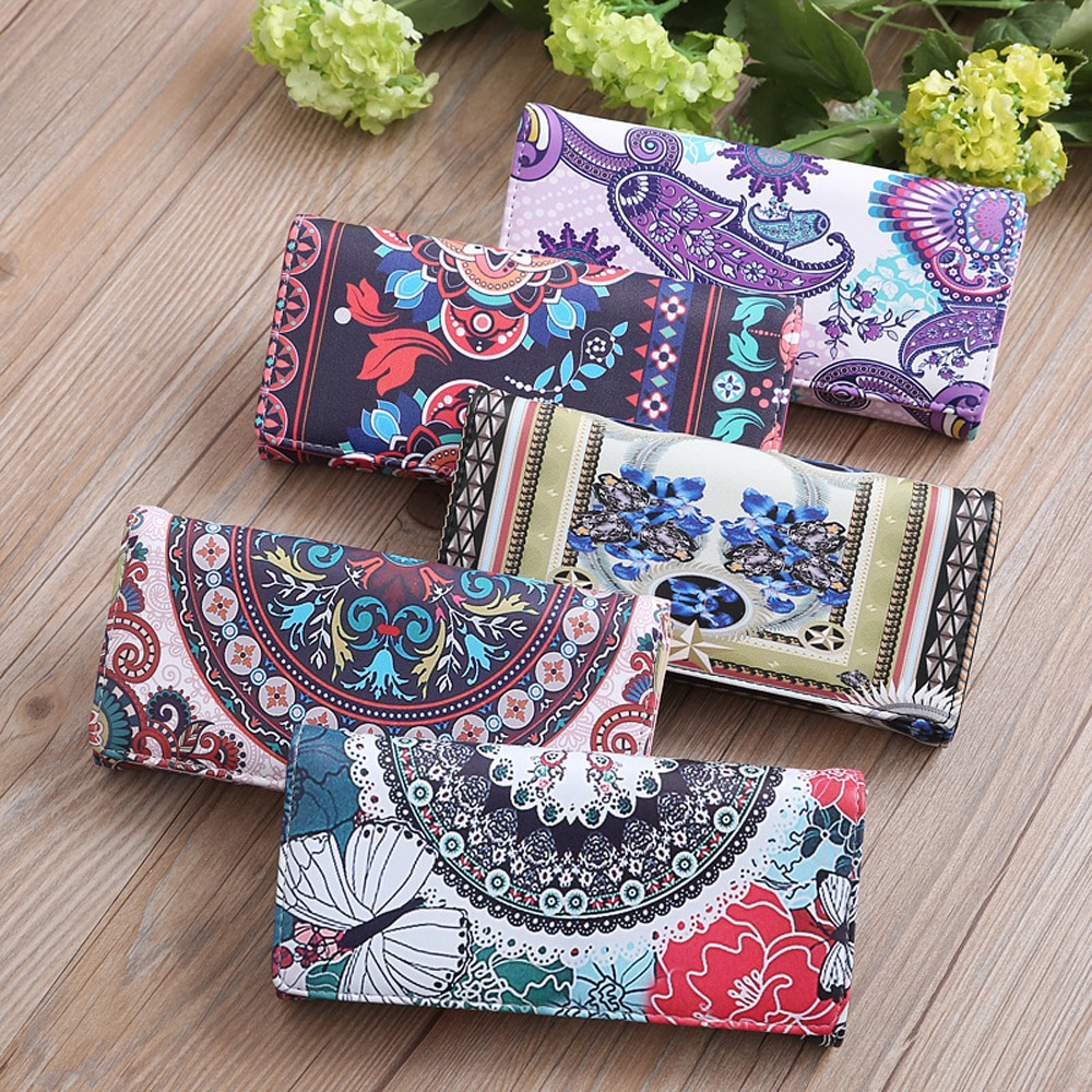 Retro kvinner skinn lang lommebok kortholder telefonveske etui med blomstertrykk clutch veske dame håndveske myntlomme