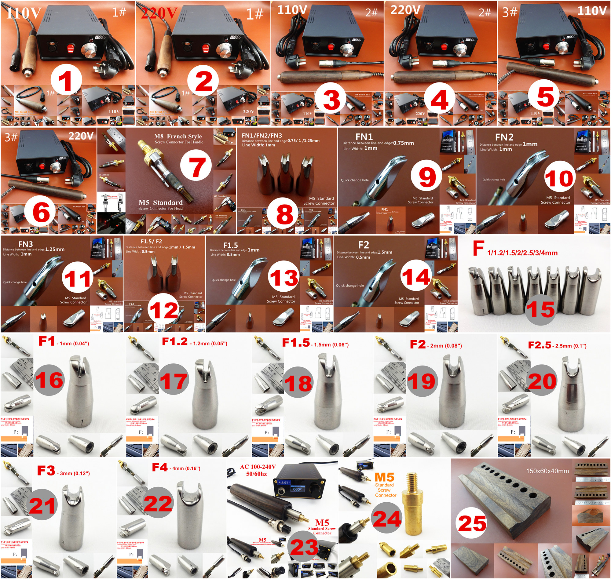 25kinds Leather Craft Electric Creasing Edging Machine Soldering Iron Heating Body Tip Tool Set Line Press Replace Mini Head Tip