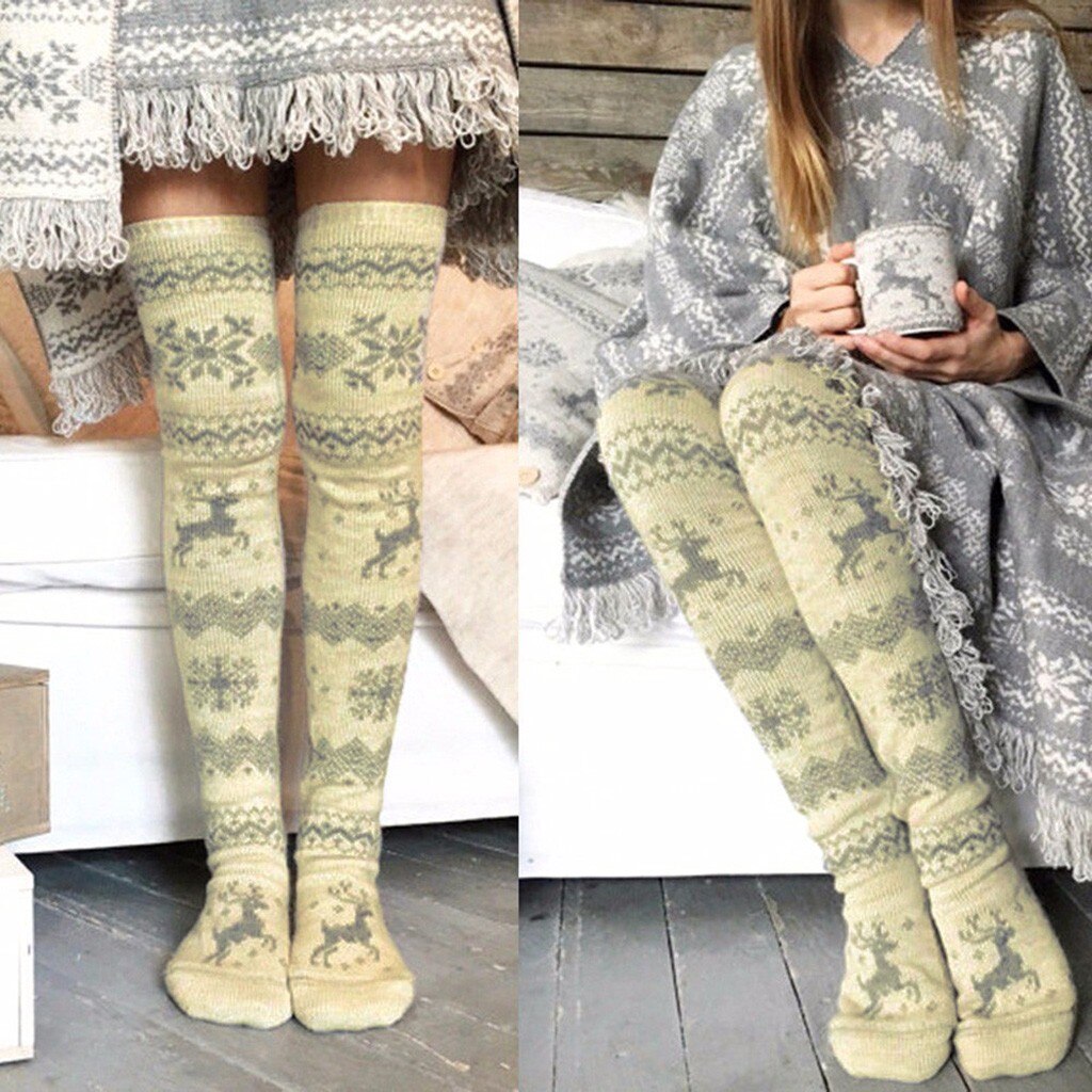 Women Christmas Thigh High Long Stockings Knit Over Knee Socks Xmas Ladies Snow Elk Socks In-tube Thickening Socks