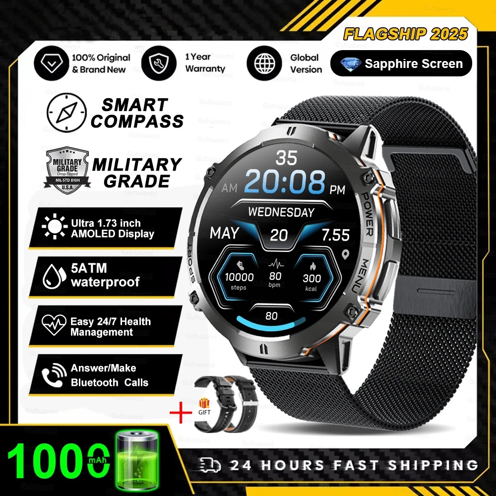 2025nuovo carro armato T3 ultra 2 GPS Astuto Della Vigilanza Degli Uomini Bussola Alltimetro 1000mAh Batteria 10ATM Impermeabile sport fitness AMOLED Chiama Orologi: Grigio
