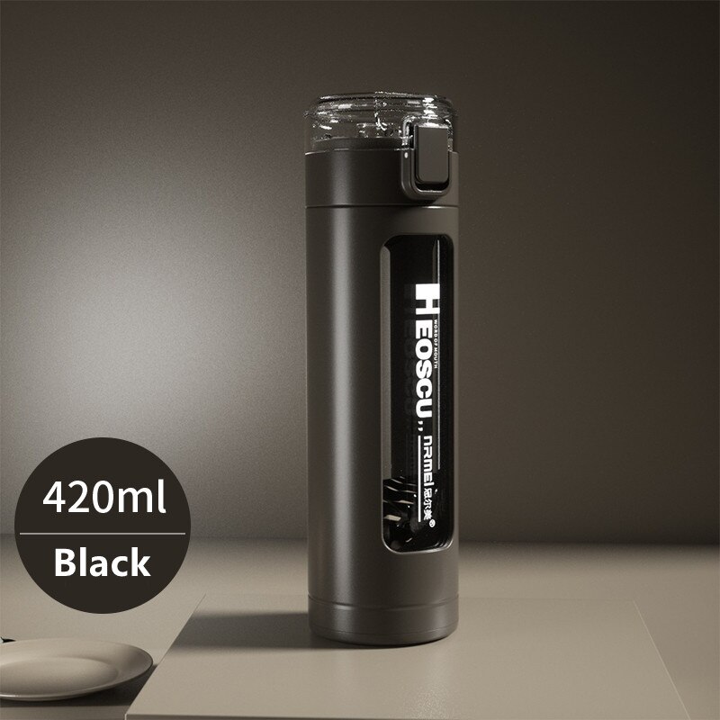 Dubbel bärbar glas söt vattenflaska kawaii kopp tumlare med sugrör för flickor mjölk kaffe juice vaso con tapa y pajita: 420ml svarta