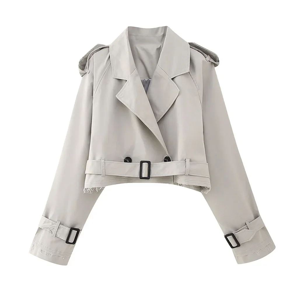 Dames cropped blazers jassen herfst elegante vintage effen kleur lange mouw dubbele rij knopen trenchcoat met riem: XS / Beige