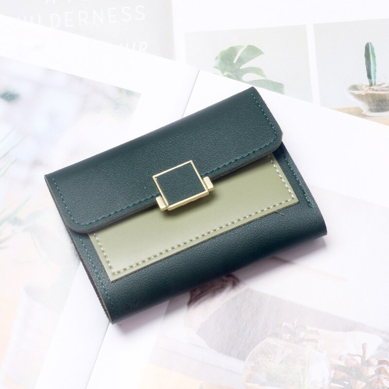 Cartera pequeña Coreana de PU para mujer, billetera de tres pliegues, tarjetero de , monedero de mano Simple, con broche: Verde
