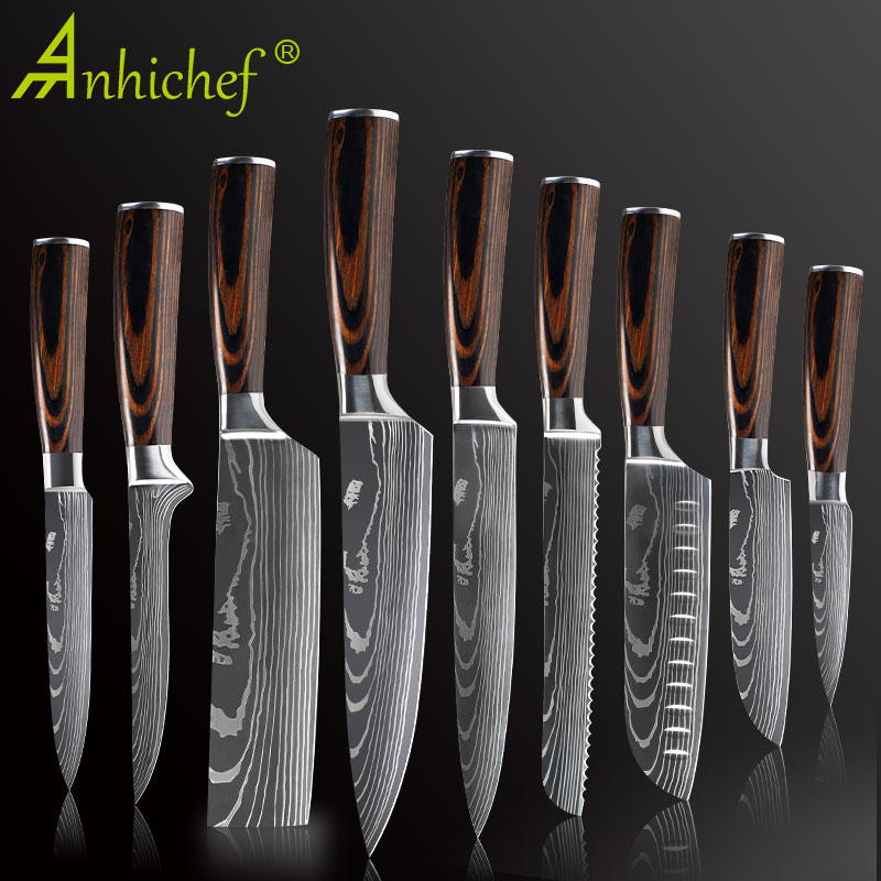 Köksknivar set kockknivar rostfritt stål imitation damaskus mönster santoku klyv skärning verktygsknivar