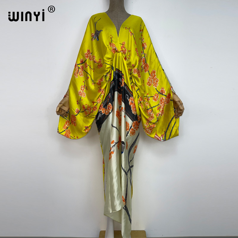 WINYI Bohemian Deep V-neck Floral europea For Lady Free Size Loose Batwing Beach cover up Party Kaftan Dress: black