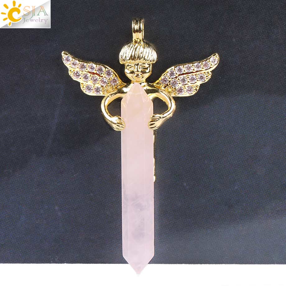 CSJA Gli Uomini e Le Donne Amano Regalo di Cristallo Naturale Gemma di Pietra Lunga Spada Esagonale Prisma Cupido Ali di Angelo Pendenti Con Gemme E Perle per Collane e818: Rose Quartz A