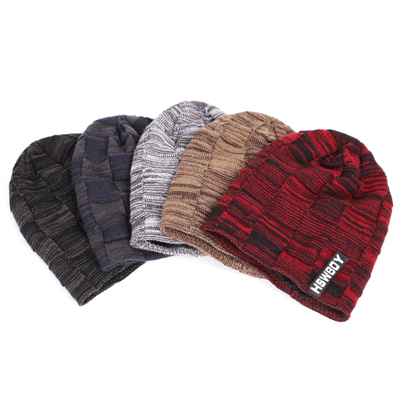 Brand HSWBOY Knit Beanie Hat Winter Striped Plaid Plus Velvet Thicken Hedging Cap Warm Man Male Bone Skullies