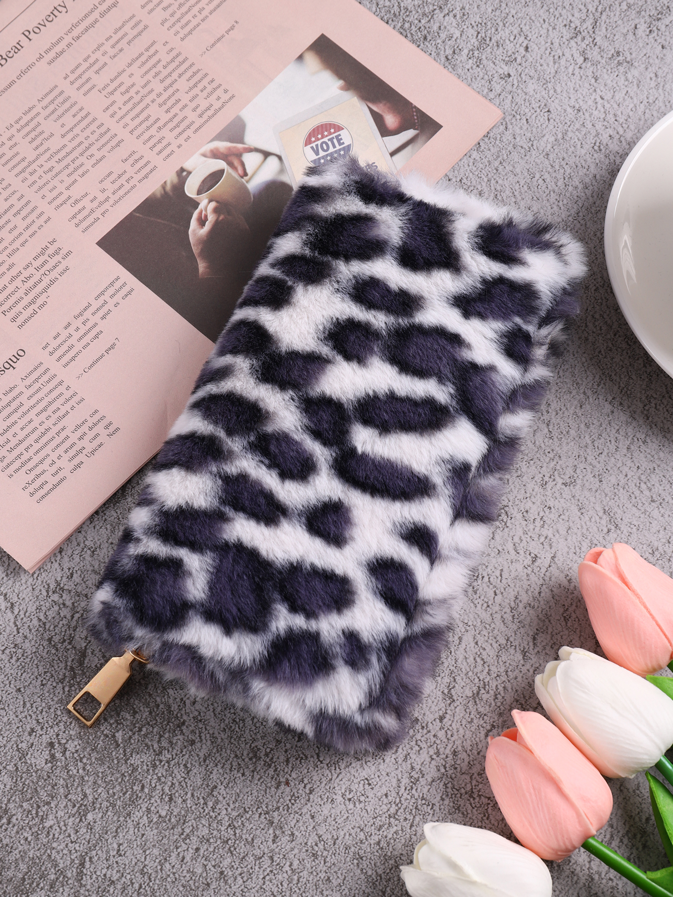 Plush coin purse, stylish leopard print long wallet, portable for everyday life: Blue