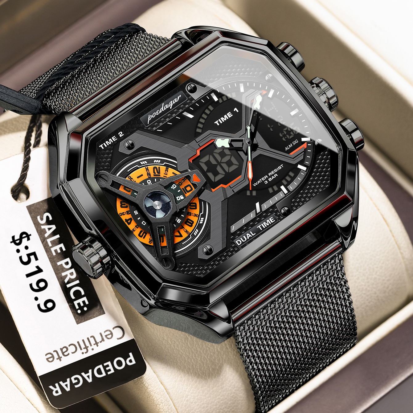 POEDAGAR, reloj de para hombre, reloj rectangular resistente al agua con fecha y semana LED para hombre, relojes electrónicos de cuarzo de acero inoxidable con malla para hombre: Café