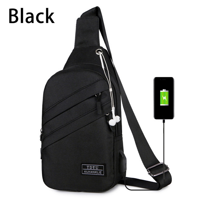 Men's Shoulder Bag Sling Chest Pack Canvas USB Charging Sports Crossbody Male Chest Bags Belt Waist Packs Fast: A black