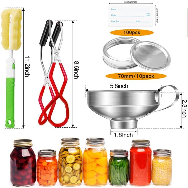 Canning Jar Lifter,Mason Jar Canning Lids,Wide-Mouth Clip Jar Lifter Funnel Sponge Brush and Canning Food Labels
