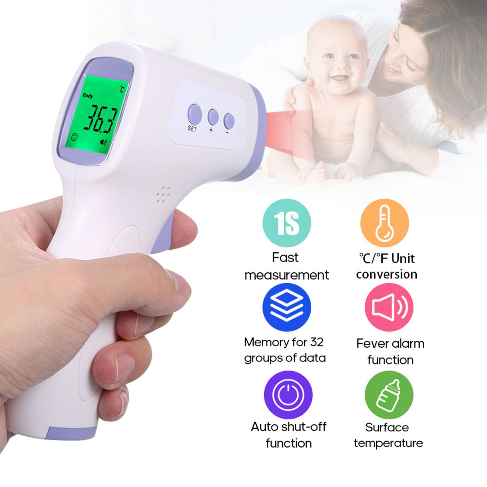 Non-contact IR Infrared Thermometer Forehead Temperature Measurement LCD Three Colors Backlight Digital Display Accuracy ±0.2℃: MD1349
