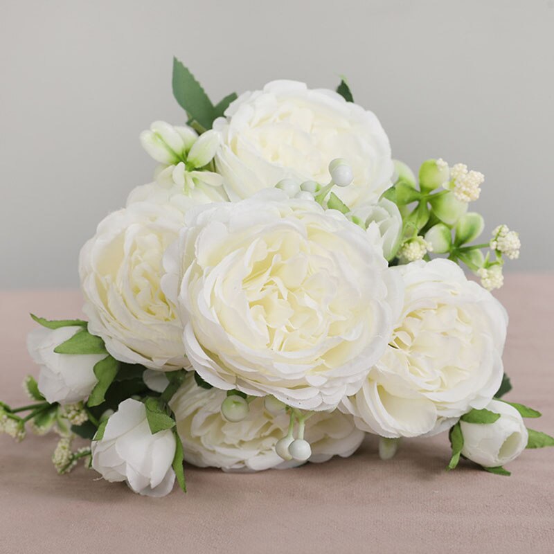 5 cabezas grandes rosas ramo de flores falsas para la decoración del hogar Decoración de la boda Rosa Blanca peonía flores artificiales