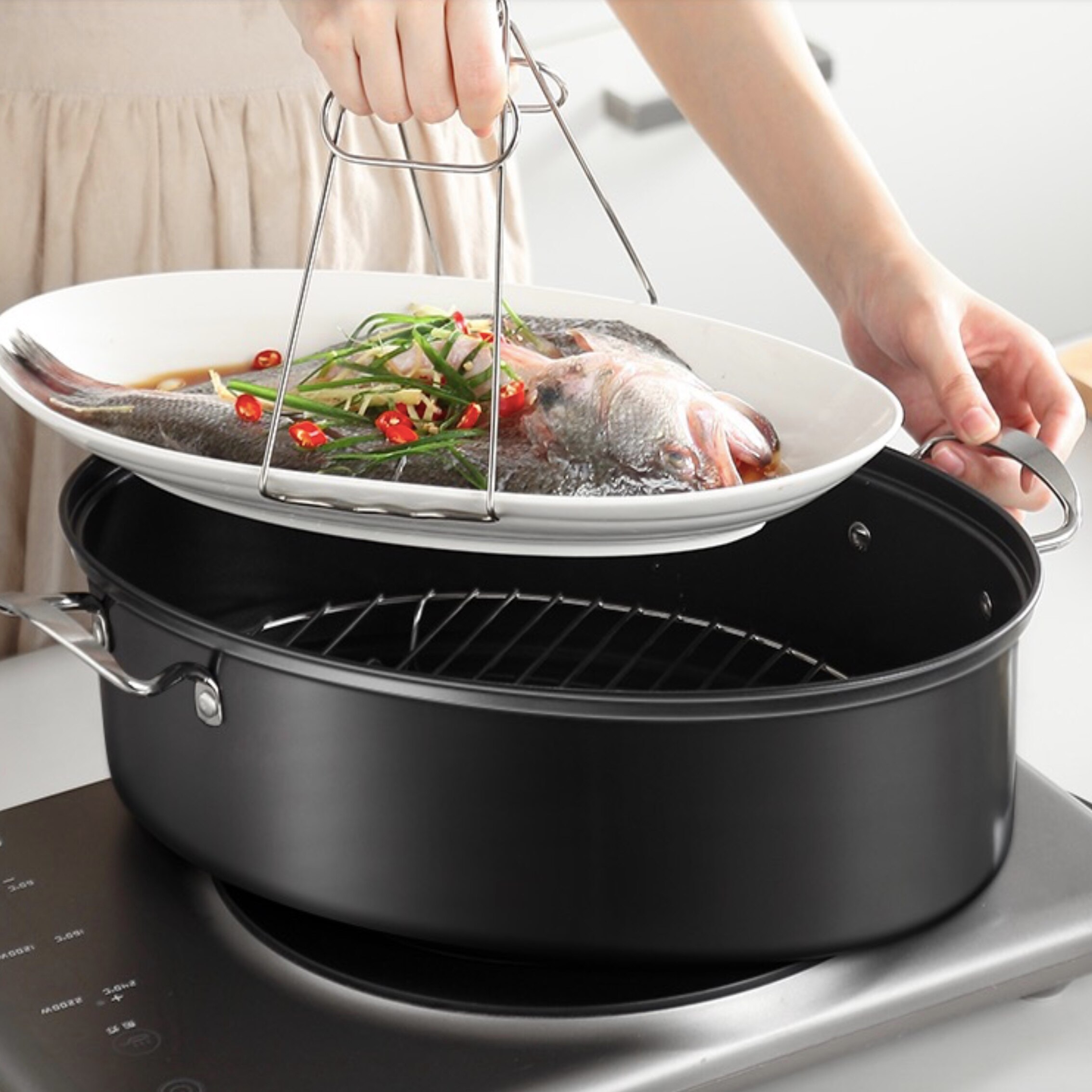 B0091 Fish steaming pot large domestic thickened stainless steel 38cm one layer elliptical fish steamer induction cooker seafood
