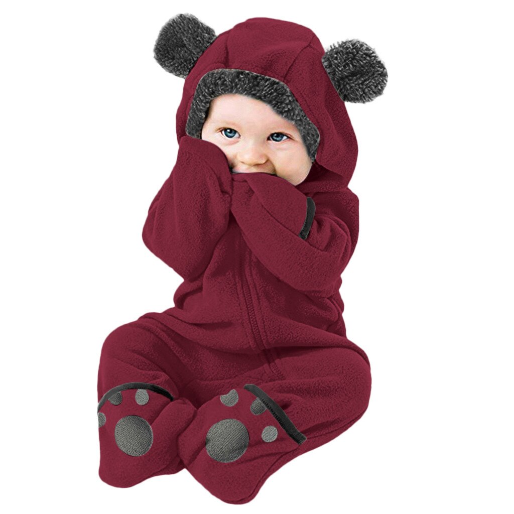 Hoodie Romper Jumpsuit Met Oren Infant Baby Meisjes Jongens Solid Cartoon Fleece Oren Hoodie Romper Kleding Jumpsuit Disfraz Baby: Wine  / 18m