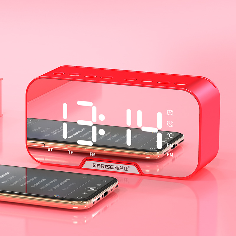 Digital fm radio alarm spejl multifunktion dual alarm mode elektronisk led bord ur trådløs bluetooth musikafspiller: Rød