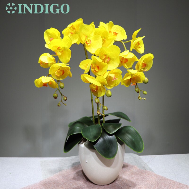 Arrangement fleur orchidée INDIGO-rouge grand 90cm (3 orchidée + 3 feuilles) vraie touche fleur décoration de fête de mariage