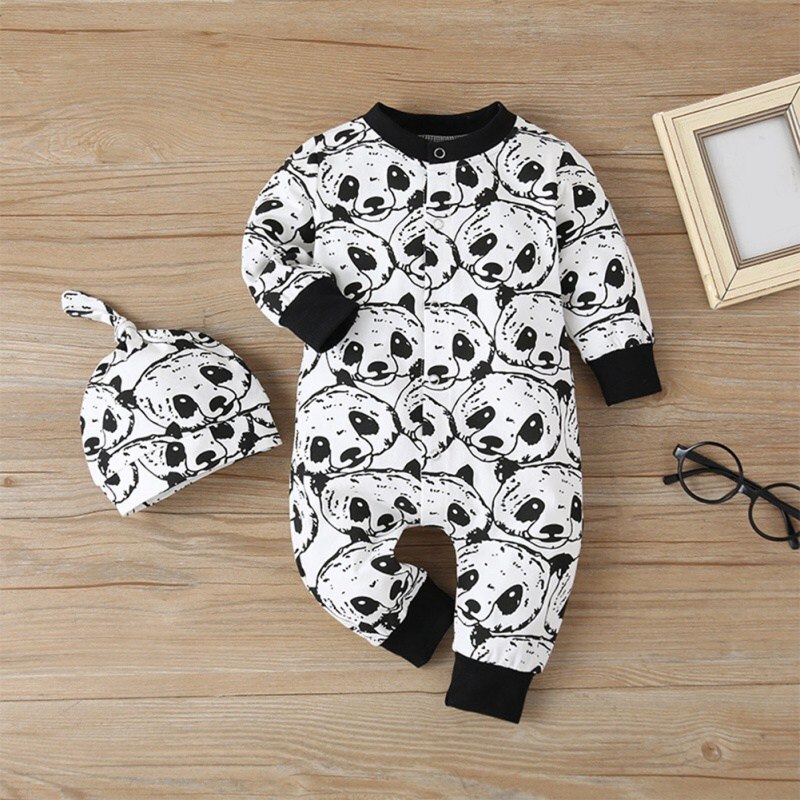 Casual Baby Jumpsuit Herfst Baby Jongen Katoen Lange Mouw Romper Leuke Panda Afdrukken Jumpsuit Pasgeboren Hoed Kleding Set