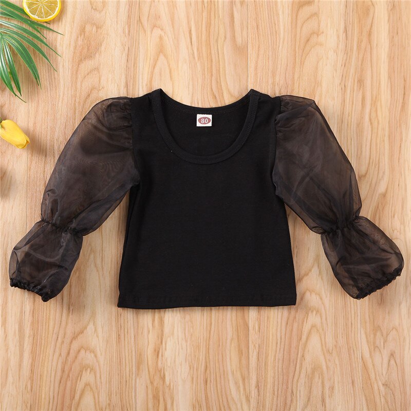 T-shirt manches bouffantes pour bébé fille, couleur unie, haut en dentelle: Black / 3 4Years