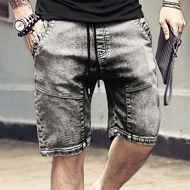 TANG Casual Shorts for Men Elastic Waist Gray Washed Old Men's Denim Shorts Male Cowboy Short Pants