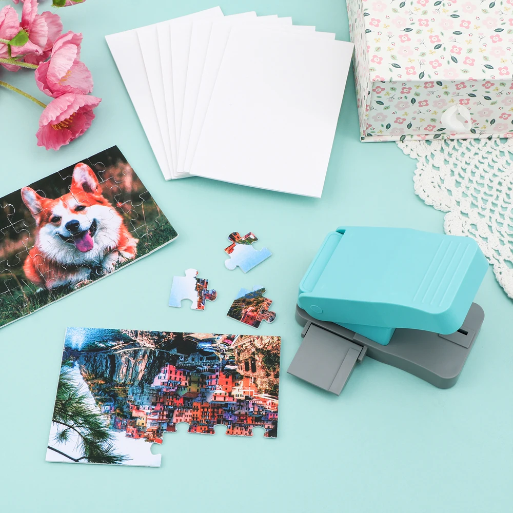 Perforadora de papel para rompecabezas de 12,7x8cm, máquina para hacer rompecabezas DIY, cortador fácil para hacer rompecabezas con 10 tableros de espuma adhesivos, herramienta de juguetes DIY