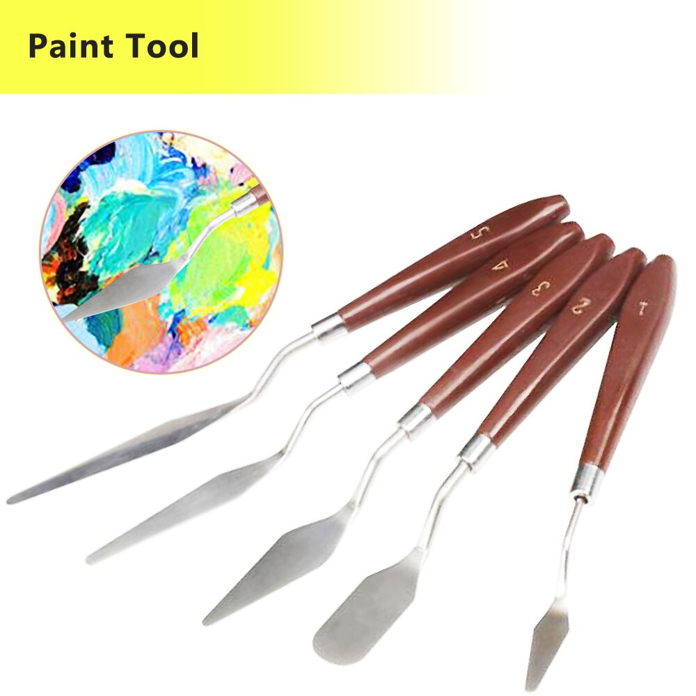 Juego de 5 uds de herramientas de pintura al óleo de la gama de cuchillos de acero inoxidable, espátula, mango de madera, suministros de arte, pintura al óleo 3